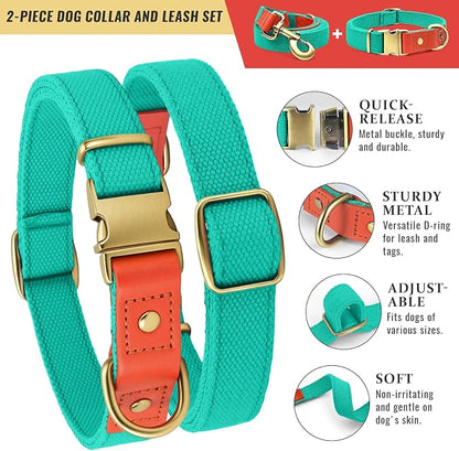 Dog Collar and Leash Set with Metal Quick Release Buckle, Adjustable, Breathable Nylon, Durable, Soft and Comfortable, No Pull for Walking and Training, Cyan, XL (16.9"-26")