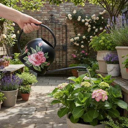 MOYEE Small Black Metal Long Spout Watering Can Outdoor Indoor Spray Bottle for Plants Hand Drawn Patterns,1/2 Gallon Plant Mister Durable Metal Structure Lawn Garden Watering Equipment