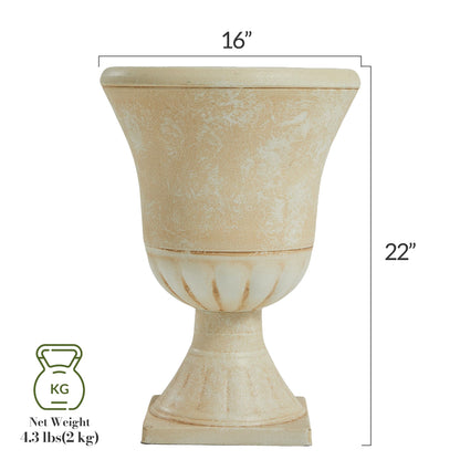 Worth Garden Plastic Urn Planters for Outdoor Plants, Tree 22'' Tall 2 Pack Round Classic Resin Flower Pots Indoor Beige Traditional Front Porch 15 in Dia. Large Imitation Stone Decorative Patio Deck