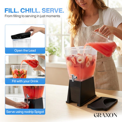 Large Drink Dispensers for Parties (3 Gallon) Slim Plastic Beverage Dispenser with Base for Counter Tops, No Mess, Easy to Assemble & Wash (2 Pack)