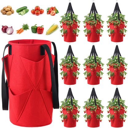 SATINIOR 10 Pack Upside Down Strawberry Planter Set Hanging Vegetables Grow Bags with 10 S Hooks, 3 Gallon Fabric Planting Bags for Easy Vertical Gardening(Red)