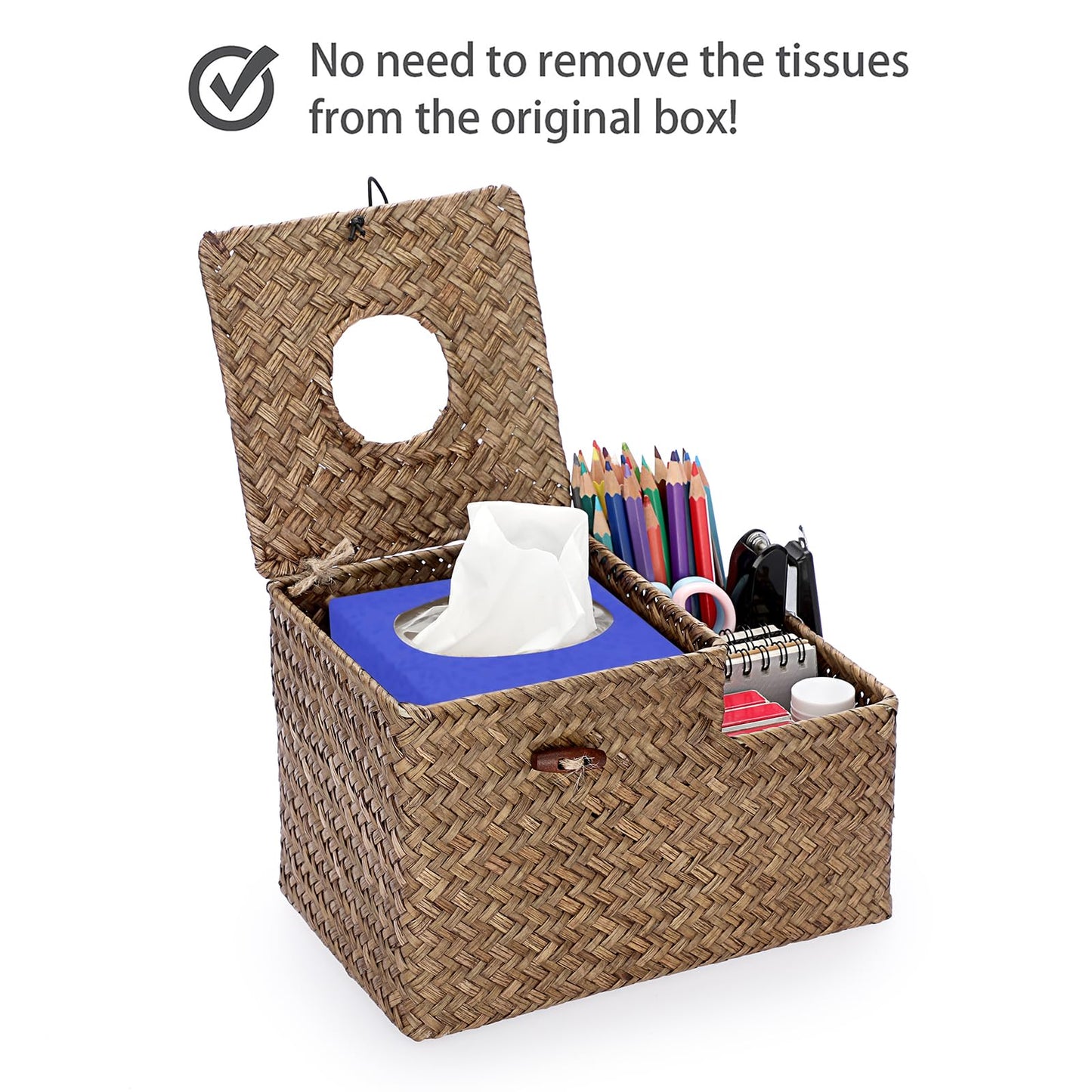 Sumnacon Tissue Box Cover Square Tissue Box Woven Seagrass Tissue Box Holder with Side Organizer, Rustic Tissue Holder for Living Room Bathroom Bedroom Kitchen Office Table Desk, Coffee