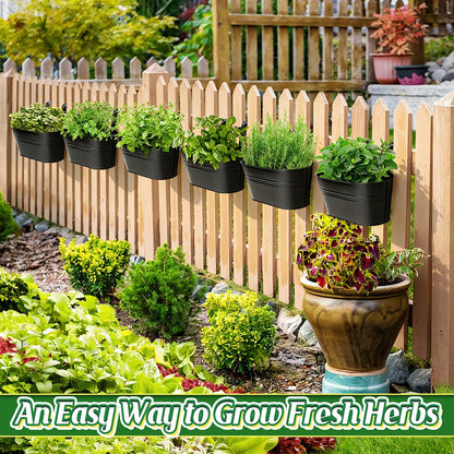 MADHOLLY Railing Planter with Drainage Holes - 6Pcs Sturdy Bucket Pots for Railing Fence, Countryside Style Metal Flower Pots for Herbs Balcony Garden Yard Decor, Black
