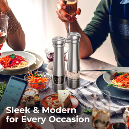 Electric Salt and Pepper Grinder Set, Battery Operated Grinders with Adjustable Coarseness, LED Light, One-Hand Operation, Refillable Stainless Steel Mills
