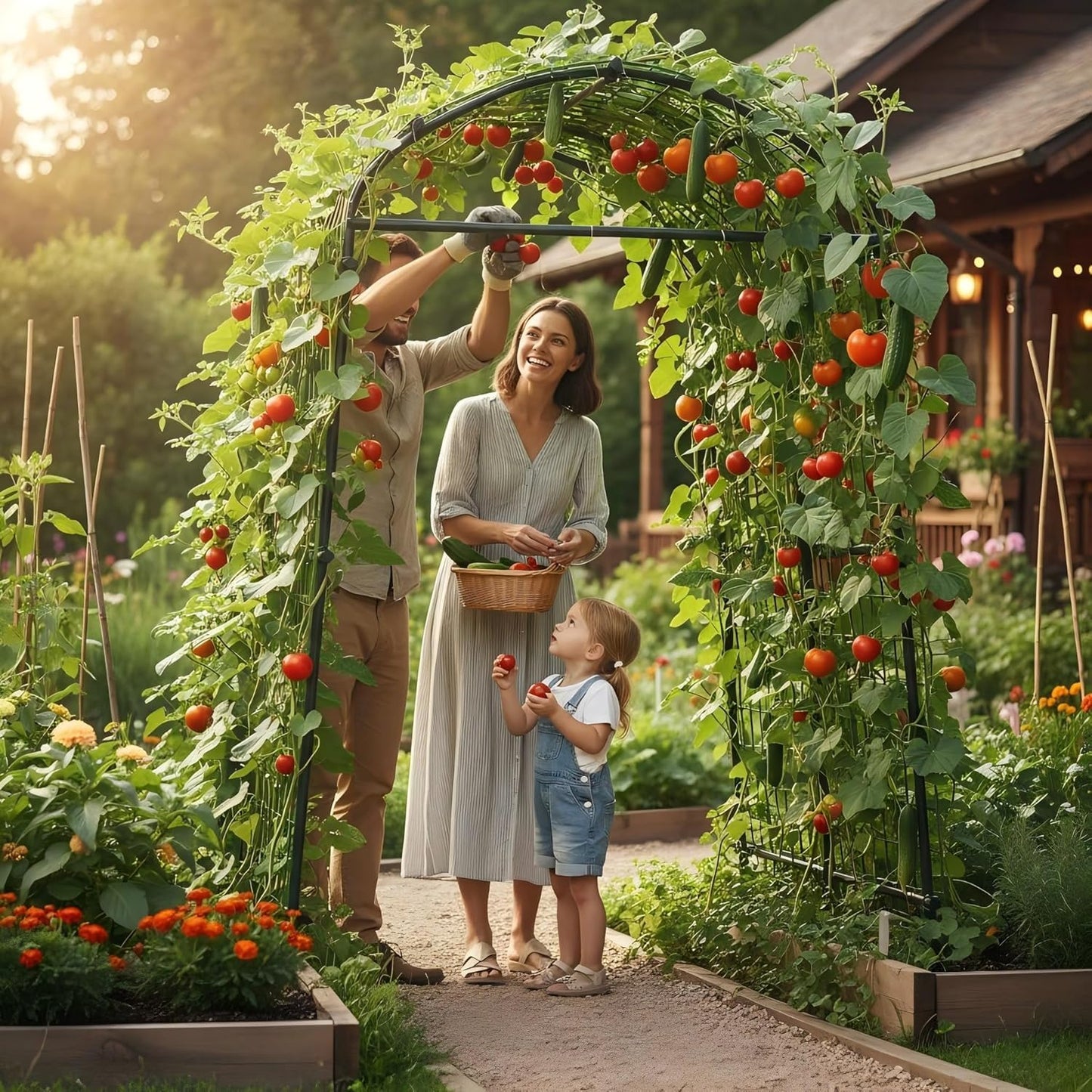 GarveeLife Metal Garden Arch Trellis 7.3 FT, Cucumber & Melon Trellis for Raised Beds, u-Shape Plant Support with Plastic Connectors for Climbing Vegetables, Grapes & Roses, Black