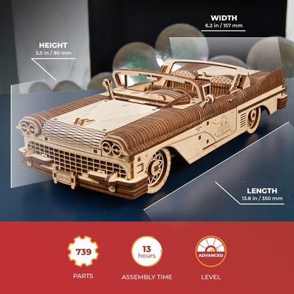 UGEARS Dream Cabriolet VM-05 Wooden 3D Puzzles for Adults - 3D Wooden Puzzles for Adults - Mechanical Model Car Kit - Retro 1950s Inspired DIY Craft, 3D Puzzle