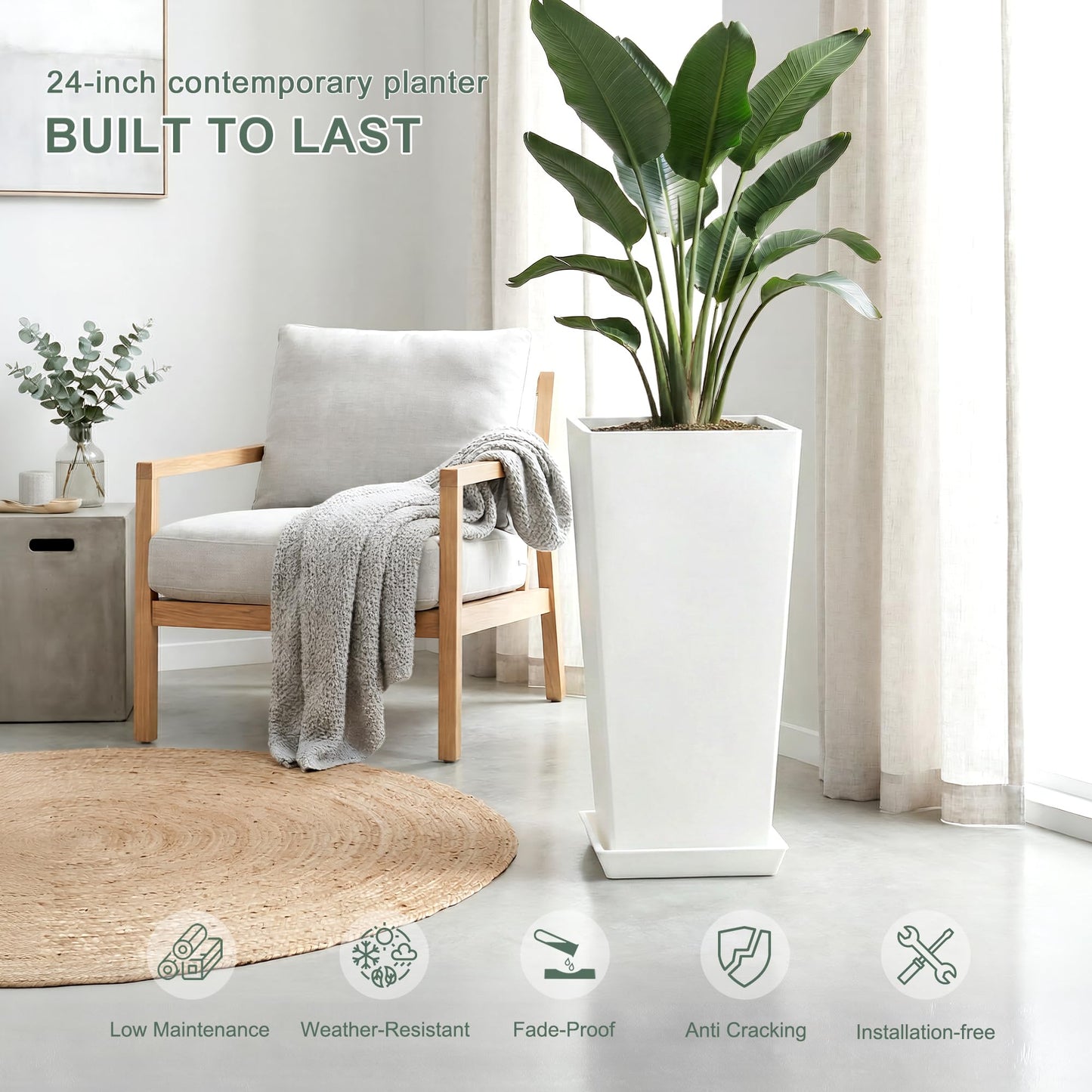 PolarcoForgeco 24" Tall White Planters for Outdoor Plants Set of 2, Large Flower Pots Planters with Drainage Holes & Tray, Modern Indoor Tapered Tall Planter for Front Porch