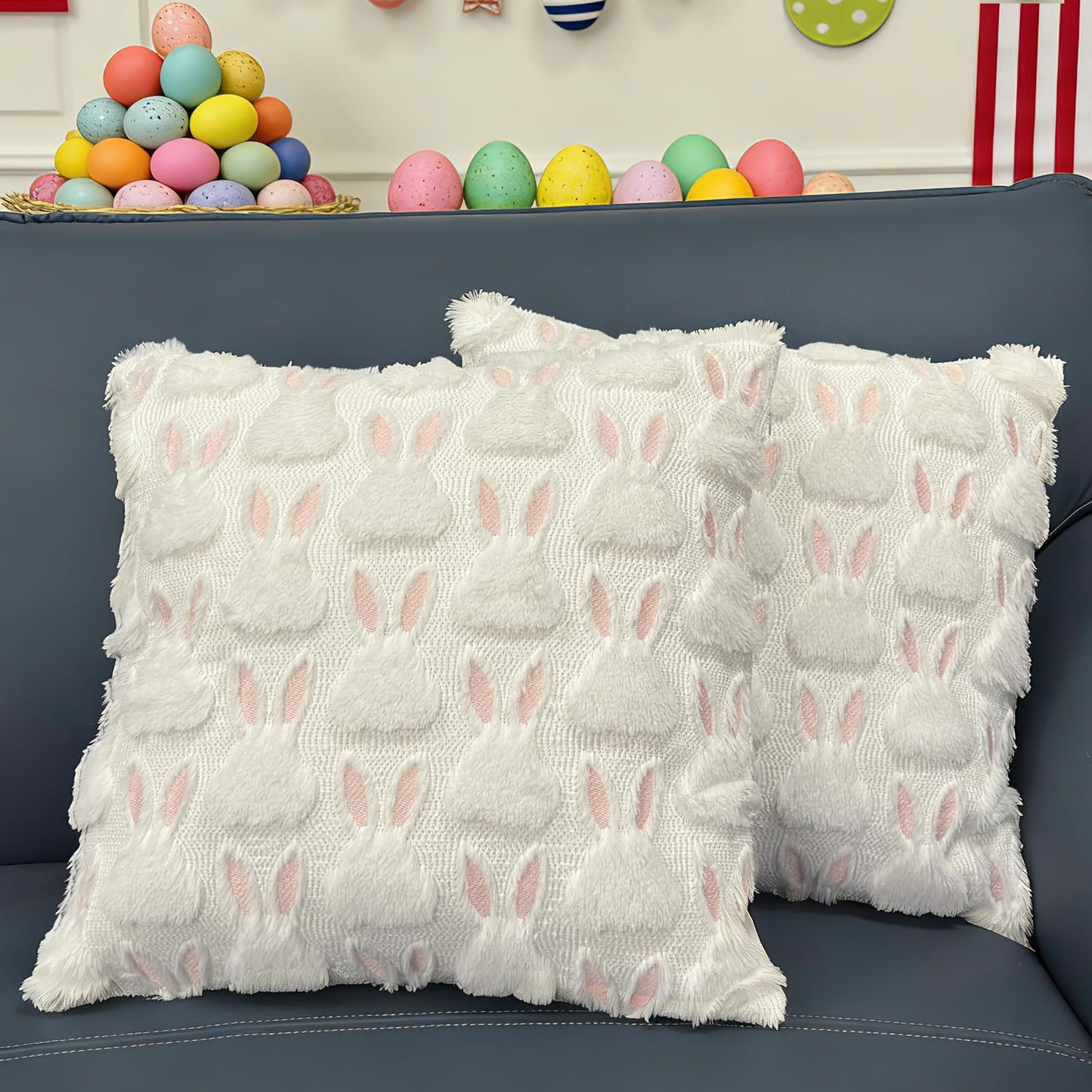 XLMJDZQ Easter Pillow Covers 18x18 Inch, Spring Pillow Covers Set of 2, Super Soft Plush Throw Pillow Shams with Bunny Design for Couch, Farmhouse Spring Decor, Hidden Zipper & Machine Washable