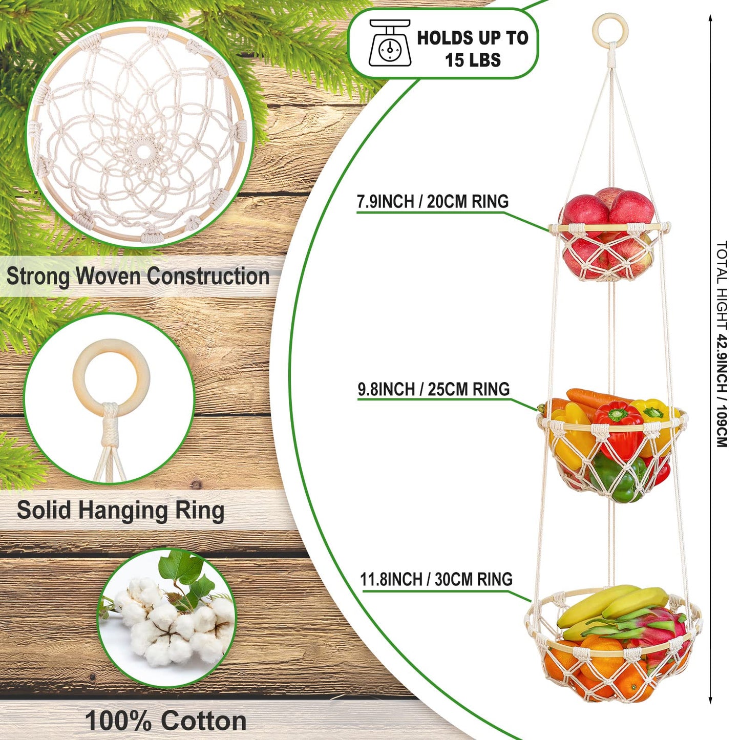 3 Tier Macrame Hanging Fruit Basket, Boho Vegetable Holder for Kitchen Food Storage with Hook, Bohemian Cotton Produce Multi Organizer, Plant Hanger Decor for Home Living Room Women Christmas Gift