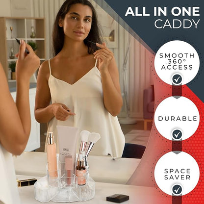 Masirs 360-Degree Rotating Makeup Organizer – Small Acrylic Cosmetic Storage Caddy with 5 Compartments, Mini Lazy Susan Vanity Organizer for Bathroom Counter, Skincare, Perfume, Brushes, Clear