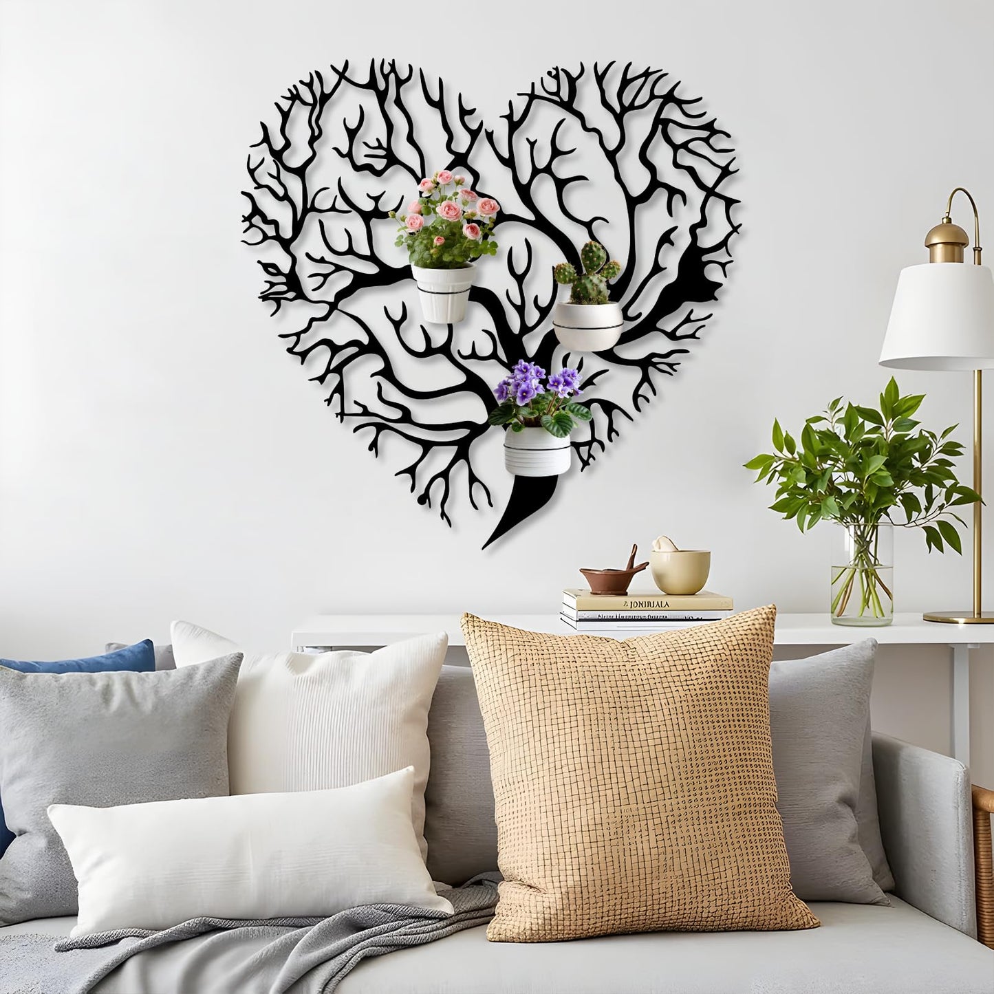 OZF Tree of Life Metal Wall Mounted Plant Holder, Tree Heart Wall Hanging Plant Holder, Branch Metal Plants Stand for Living Room (Black, 18"x 18"| 48x47cm, 2 Pack 8" Flower Pot Holder Ring)