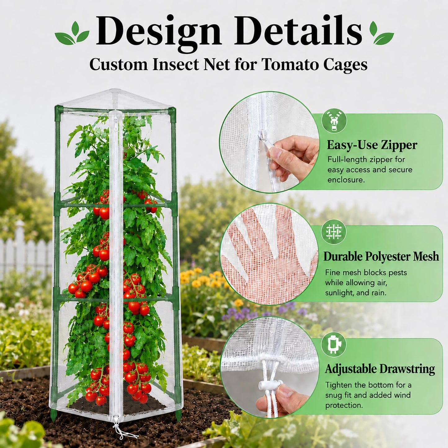 Halatool Garden Tomato Plant Cover Netting, Fits 40–55" Tall Square Tomato Cages, Garden Bird Netting with Zipper & Drawstring, Insect Barrier, Plant Covers from Insects Animals, 4 Pack, 45"×15.7"