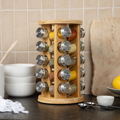 Orii 20 Jar Rotating Bamboo Spice Rack with Spices Included & 5-Year Free Spice Refill Program – Revolving Countertop Spice Rack with Glass Jars