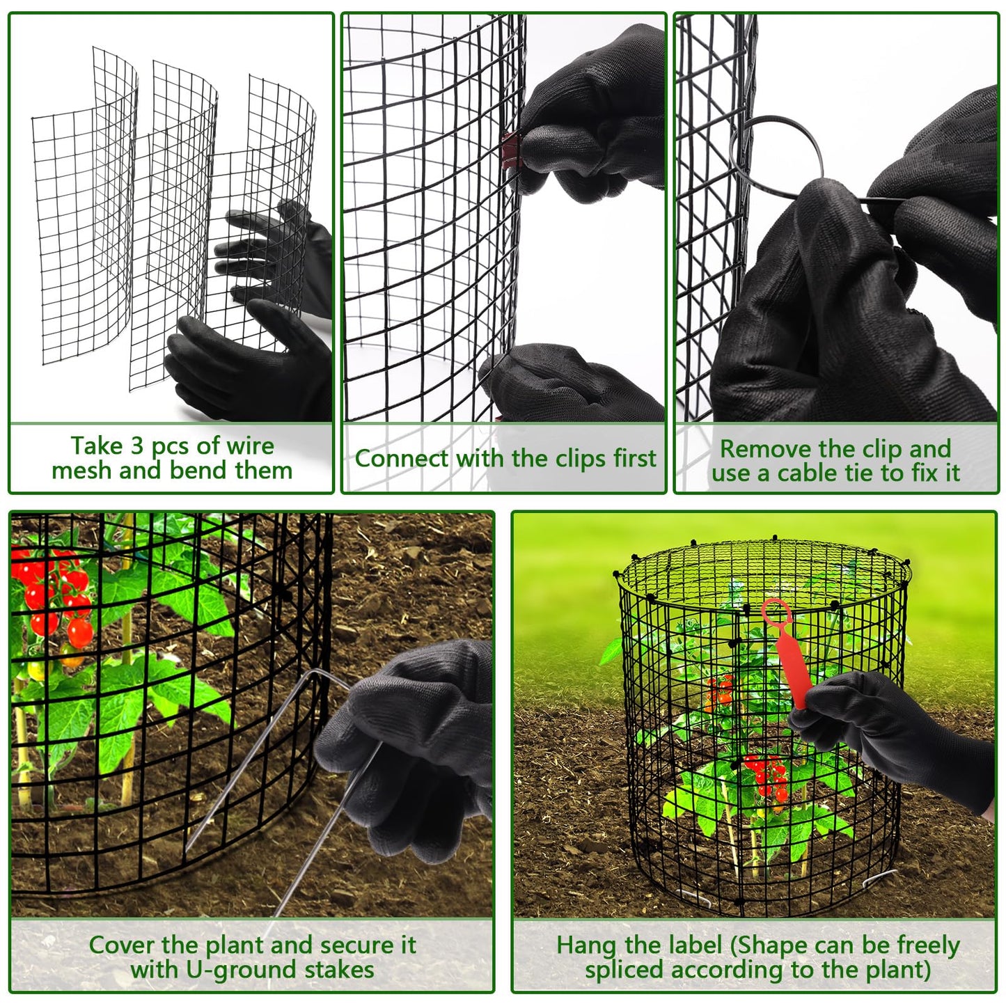 AHIER 10 PCS Chicken Wire Plant Protector from Animals with Covers, Plant Cages for Outdoor Plants to Keep Animals Out Including 30pcs Metal Mesh, Covers, Ground Stakes, Labels, Clip, Ties and Gloves