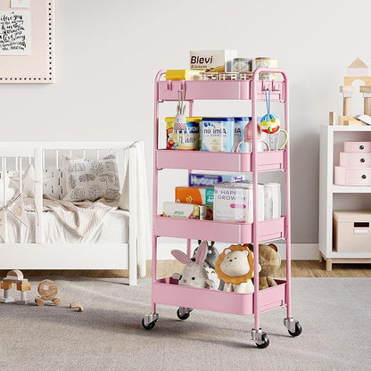 TOOLF 4-Tier Rolling Cart - Metal Storage Organizer with Lockable Wheels, 44 lbs Per Shelf Capacity, Tool-Free Assembly, for Kitchen Bathroom Office Laundry Room Nursery, Pink