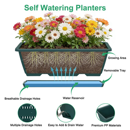 Deck Railing Planter Boxes 2 Tier Green Outdoor Hanging Planters Set of 2 with 4 Pack Flower Boxes 16.9 Inch Window Boxes Planters with Adjustable Brackets Balcony Planters for Garden Porch Patio