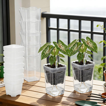 KKONHII 10 Pack 2.52" Small Self Watering Pots for Indoor Plants, Clear Plastic Planters with 10 Plant Label and Water Level Indicator Drainage Hole for Succulents, Propagation, African Violet