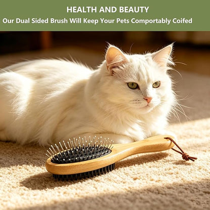 Double Sided Pet Slicker Brush with Bamboo Handle for Dogs and Cats, Grooming Comb for Shedding, Tangles, and Dead Undercoat