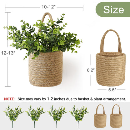Dahey 2 Pack Wall Hanging Rope Basket (5.5"W×6.2"H) with Artificial Eucalyptus, Jute Woven Storage Organizer Flower Plants Basket Farmhouse Rustic Wall Decor for Porch Living Room Bedroom Entryway