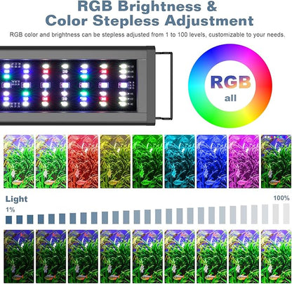 LED Aquarium Light Full Spectrum Fish Tank Light with RGB Brightness/Color Stepless Adjustment, 24/7 Day-Night Cycle Mode, Auto On/Off Timer, IP68 Waterproof (48W for 48'' - 54'' Tank)