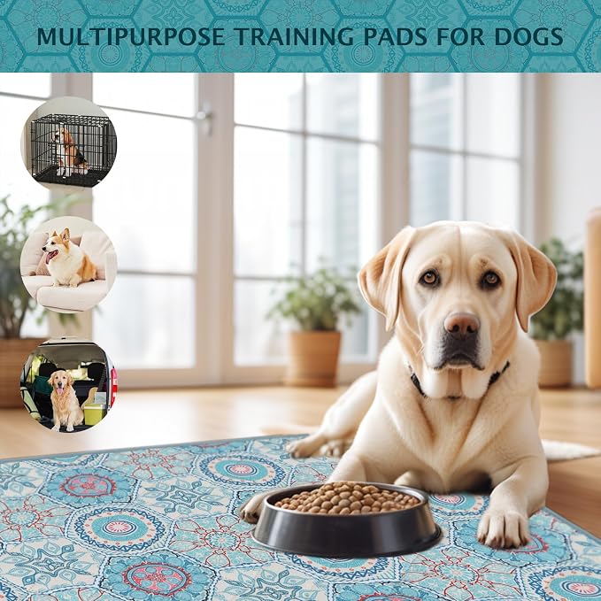 IEUUMLER Washable Pee Pads for Dogs, 2 Pack Non-Slip & Waterproof Pack Whelping Pad, Reusable Washable Puppy Potty Training Pad with Fast Absorbent for Playpen EU007 (Green Medallion, 48"X30"-2pcs)