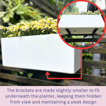 LaLaGreen Rail Planter for Balcony Outdoor (20 Inch, 2 Pack) Large White Self Watering Deck Railing Planters with Brackets, Rectangular Plastic Fence Flower Box Designer Choice