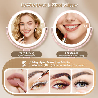Makeup Mirror with Lights, Double Sided 1x/20x Magnifying Mirror with Light, Rechargeable 3 Color Lights and Adjustable Brightness, 360° Rotation Detachable Comes with Tweezer(Black)