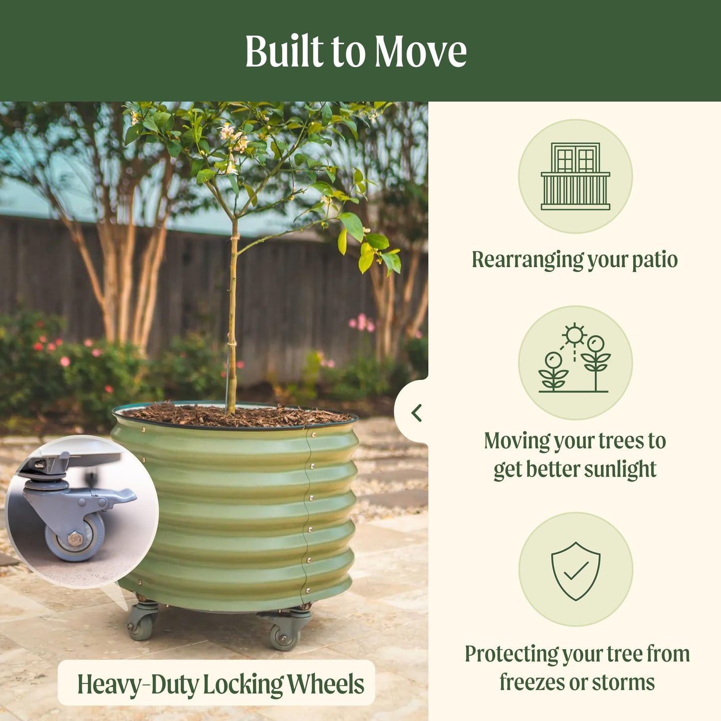 Rolling Metal Citrus Tree Planter, Self-Watering Round Large Pot for Growing Trees Tomatoes Outdoor Plants Vegetables and Flowers, Raised Garden Bed with Wheels for Porch Patio & Backyard, Modern Gray