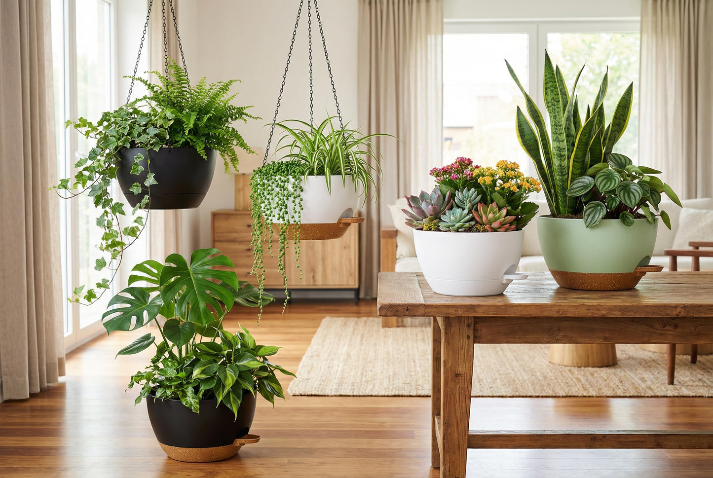 XQSHPDM Hanging Planters, 3-Pack 10 Inch Self-Watering Pots with Drainage Holes and Chains, Matte Plastic Planters for Indoor/Outdoor Plant（Green Brown）