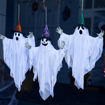 JOYIN 3 Pack 24.8" Halloween Hanging Ghost Decorations, Halloween White Flying Ghosts with Hats for Haunted House Graveyard Scene, Spooky Indoor and Outdoor Decor