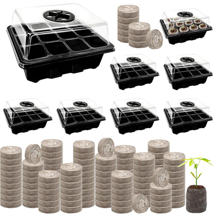 Halatool 8 Pack Seed Starter Tray with 100 PCS Peat Pellets, 96 Cells Black Seeding Starter Trays for Organic Seed Starter Soil Pods for Planting Vegetables Plants Flowers - Starting Seeds Kit
