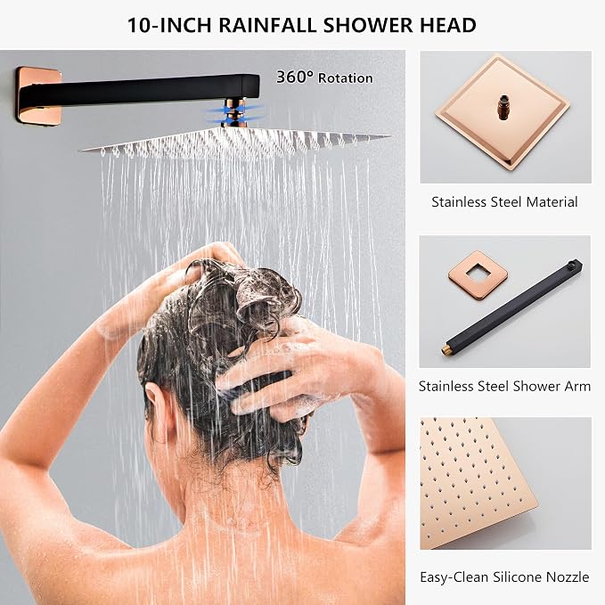 Rainfall Shower Faucet Set with Tub Spout 10 Inch, Shower Head and Handle with 2 Hooks, Rain Shower and Handheld Shower System Square Wall Mount for Bathroom