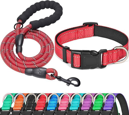 Ladoogo Reflective Dog Collar Padded with Soft Neoprene Breathable Adjustable Nylon Dog Collars for Small Medium Large Dogs (Small (Pack of 1), Red Collar+Leash)