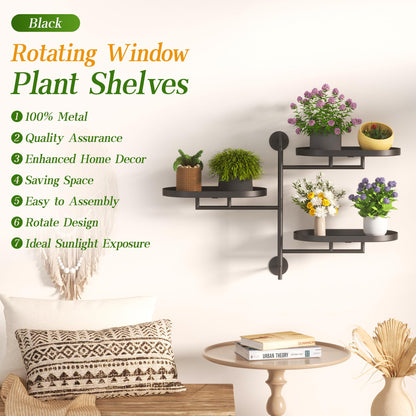 YQSLYSF Window Sill Rotating Plant Stand Shelf Indoor Black Metal Floating Shelves 3-Tier Wall Mount Plant Holders for Living Room Wall Planter Modern Home Decor for Gardening