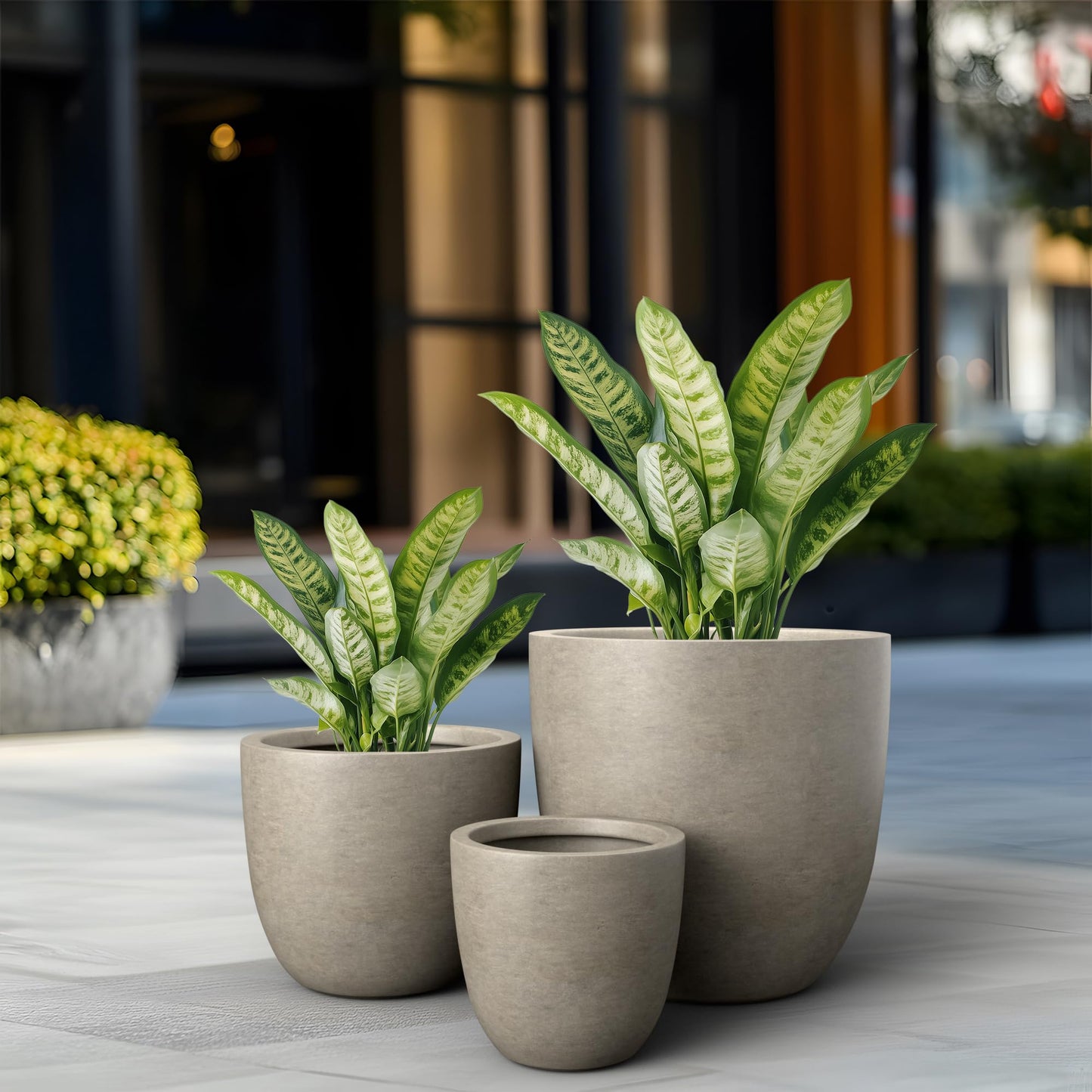 Kante Round Concrete Planter Set of 3, Large Outdoor Indoor Plant Pots with Drainage Hole, 10/14/18-Inch Diameter Flower Pots for Patio, Garden and Home, Weathered Concrete