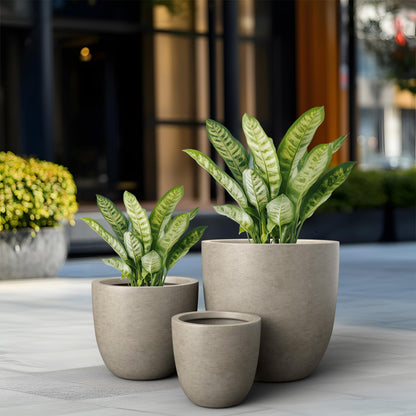 Kante Round Concrete Planter Set of 3, Large Outdoor Indoor Plant Pots with Drainage Hole, 10/14/18-Inch Diameter Flower Pots for Patio, Garden and Home, Weathered Concrete