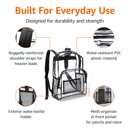 Amazon Basics Transparent Clear School Backpack, Water-Resistant PVC Plastic, Reinforced Shoulder Straps, 17 x 7 x 13 in