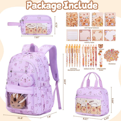 Similove Capybara Theme Backpack for School Girls, 35PCS Kids Backpack Set with School Supplies Stationery Kit Lunch Box Pencil Case, Cute Girls Bookbag for Kindergarten Elementary Student