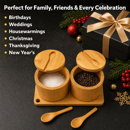 Bamboo Salt Cellar Set with Tray, 2 Salt and Pepper Cellar with Lids & Spoons, Magnetic Swivel Lid, 16 Labels, Spice Containers for Salt, Pepper, Sugar, Spices, Kitchen Countertop Organizer, 9 OZ Each