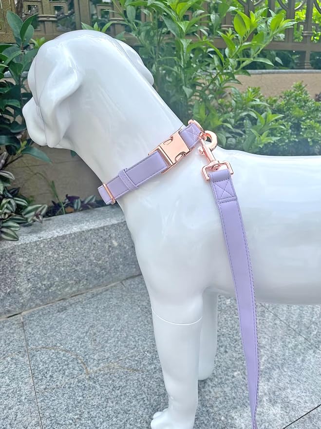 Dog Collar and Leash Set.Soft and Easy to Clean Vegan Leather with Rose Gold Metal Buckle for Small Medium Large Dogs (Light Purple, S(12.2"-16.9"))