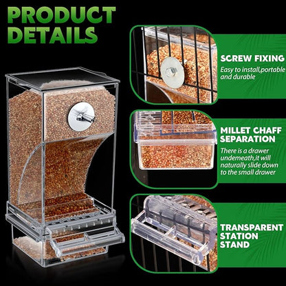 Yaomiao 4 Pcs No Mess Small Bird Feeders Automatic Parakeet Water Dispenser Clear Quail Feeder and Watered Cage Accessories for Small and Medium Parakeet Cockatiel Canary(Seed Feeder,Transparent)