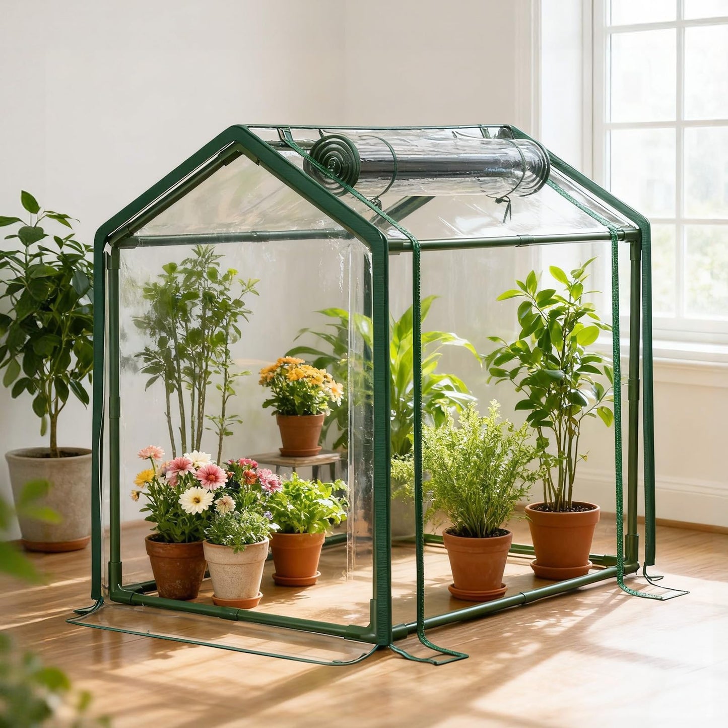 Mini Greenhouse with Zippered Doors & Roll-up Windows, Elevated Bottom Portable Plant Hot House with Durable PVC Cover, Water Resistant, UV Protected for Outdoor Flowers, Vegetables