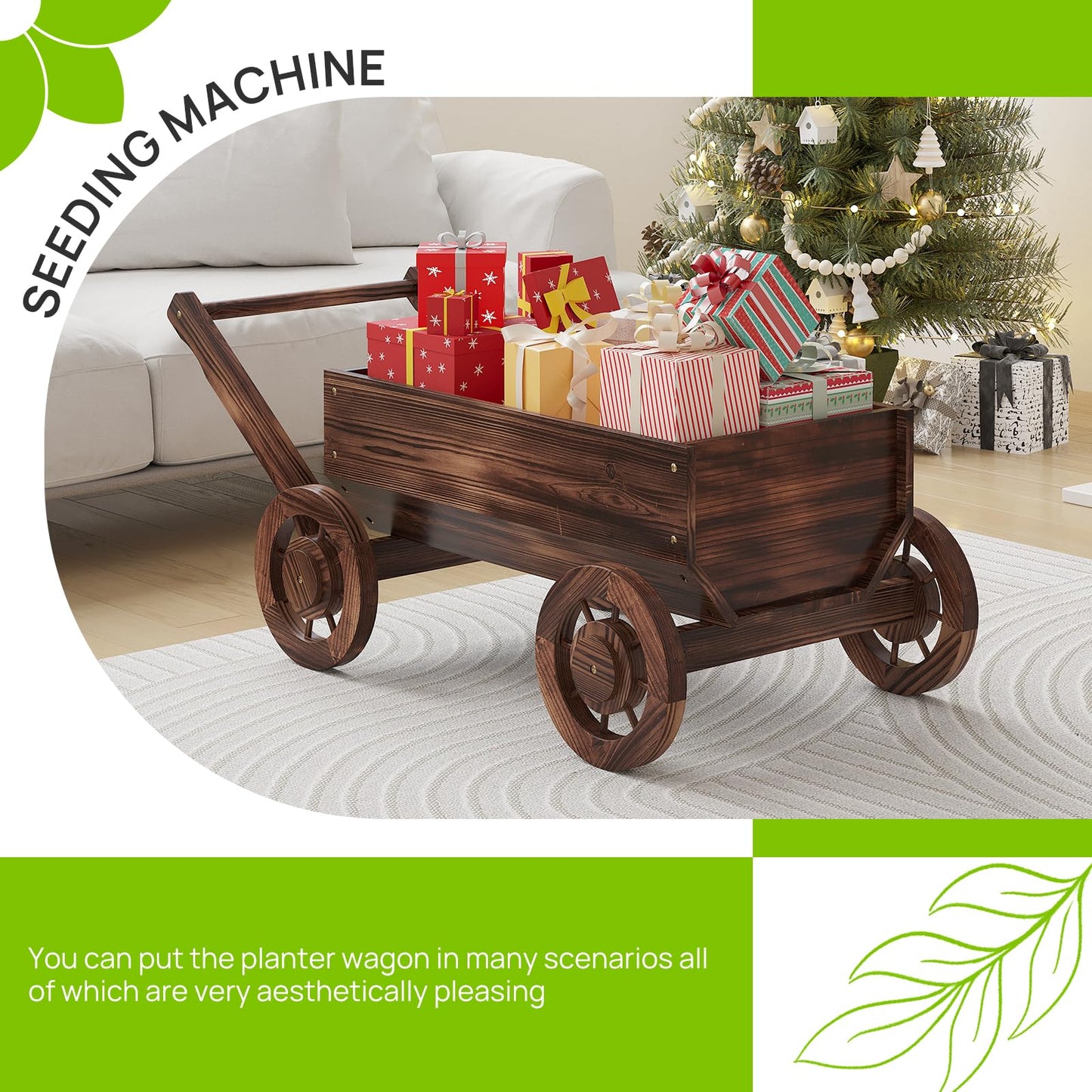 Wooden Flower Cart with Wheels Wooden Wagon Planter Outdoor Garden Planter Decor Planter for Patio Balcony Trolley Decoration Succulent Flower Pot, Indoor Backyard Balcon Decor（Large）