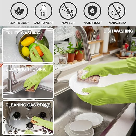 DABOGOSA Reusable Waterproof Household Dishwashing Cleaning Rubber Gloves, Non-Slip Kitchen Glove (Green, Medium (Pack of 3))