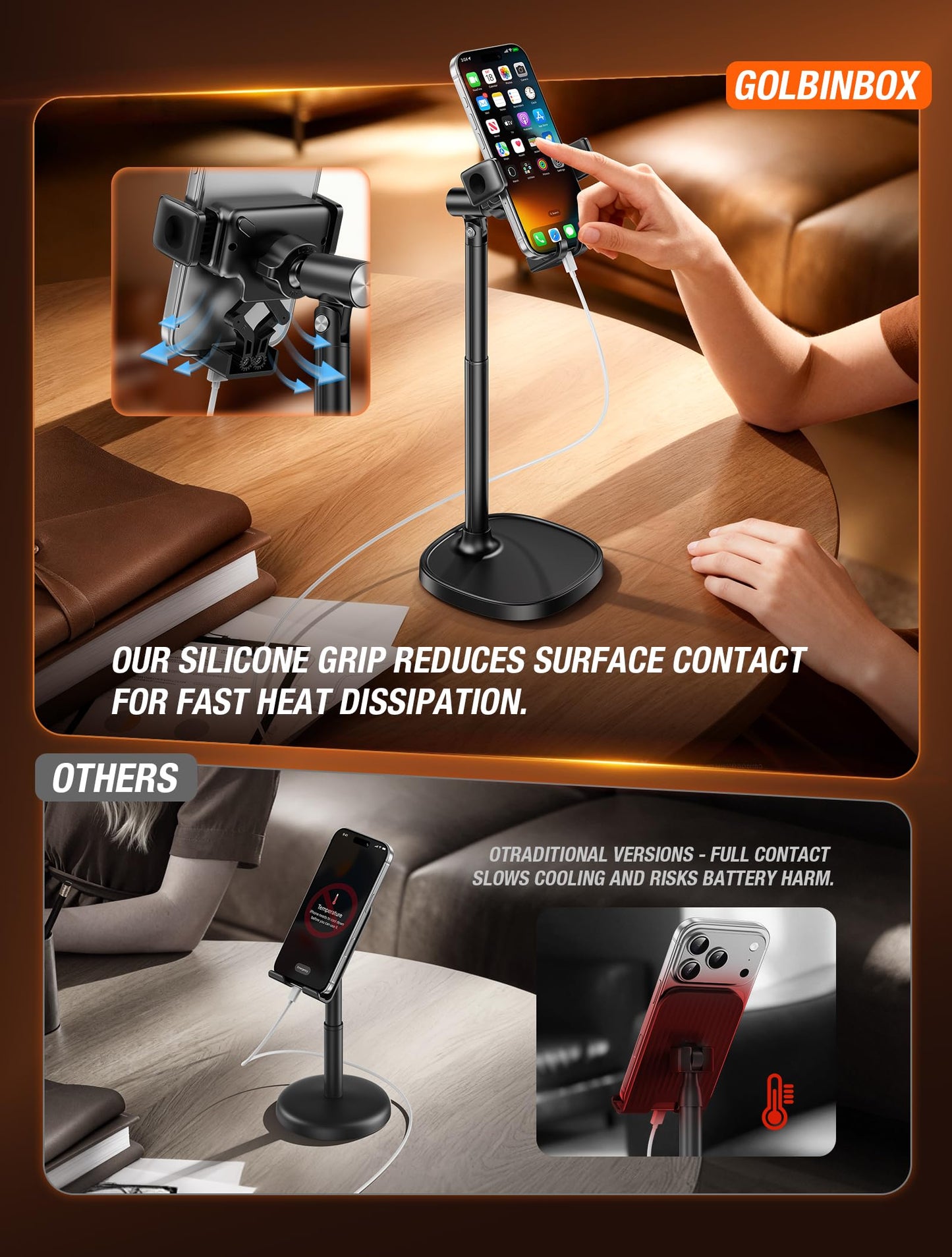 GolbinBox Phone Stand for Desk - Quick Release, Adjustable Height & Angle, 180° Flip & 360° Rotation, Universal Desktop Holder for iPhone, Samsung, Android