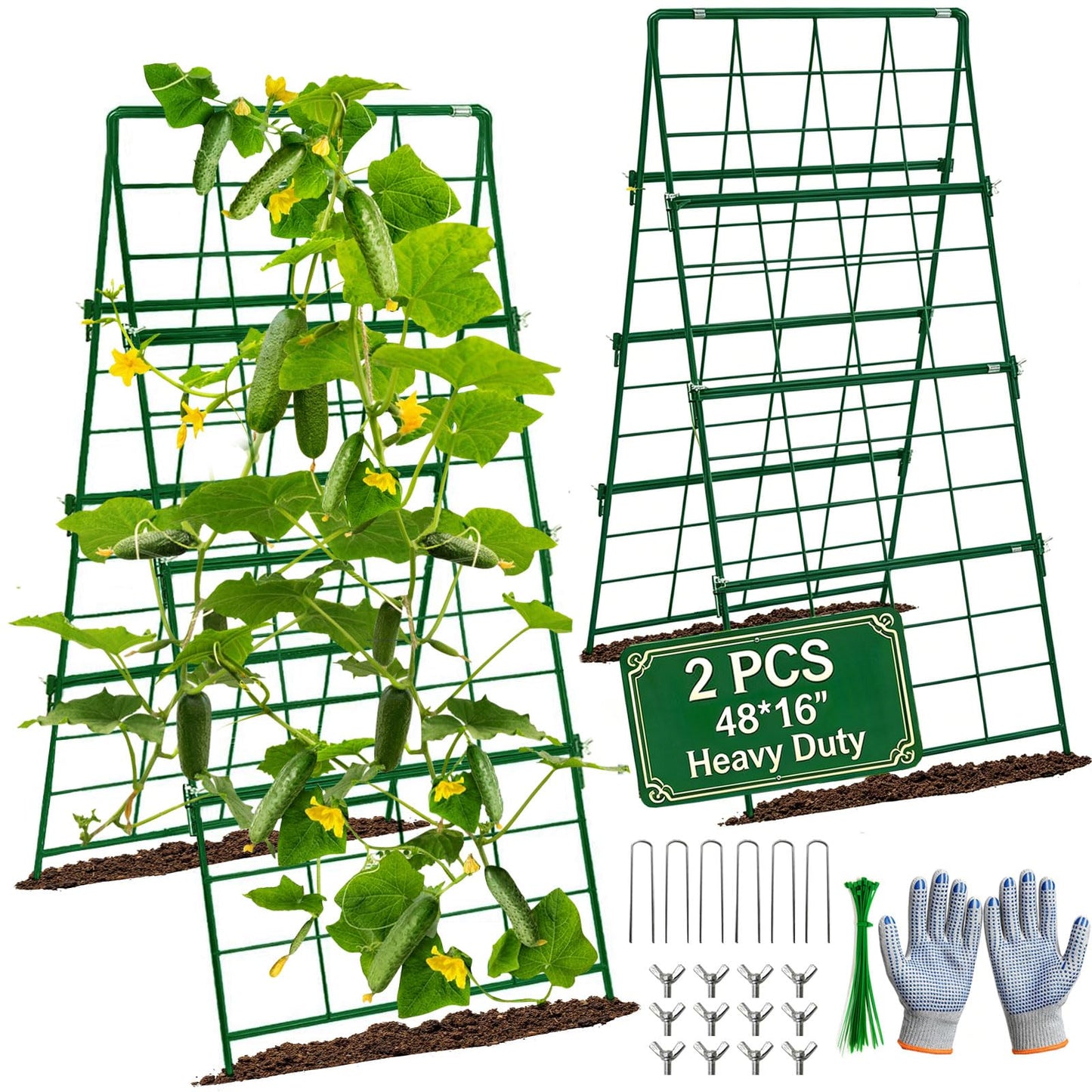 Heavy Duty Cucumber Trellis Thickened for Raised Garden Bed,48"x16" Foldable Frame Metal Vegetable Trellis for Climbing Plants Outdoor Plant Support for Grape Tomato Peas, Fruit, Vine,Bean(1 Pack)