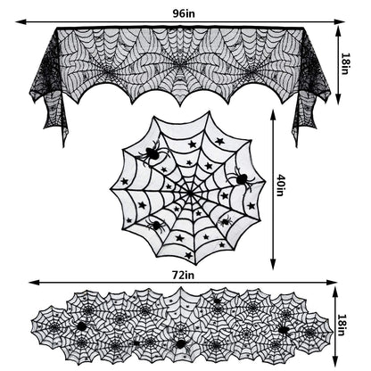 Tayfremn 3pack Halloween Decorations Set Halloween Tablecloth Black Lace Round Spider Cobweb Table Cover Fireplace Mantel Scarf Spiderweb Fireplace Scarf for Party