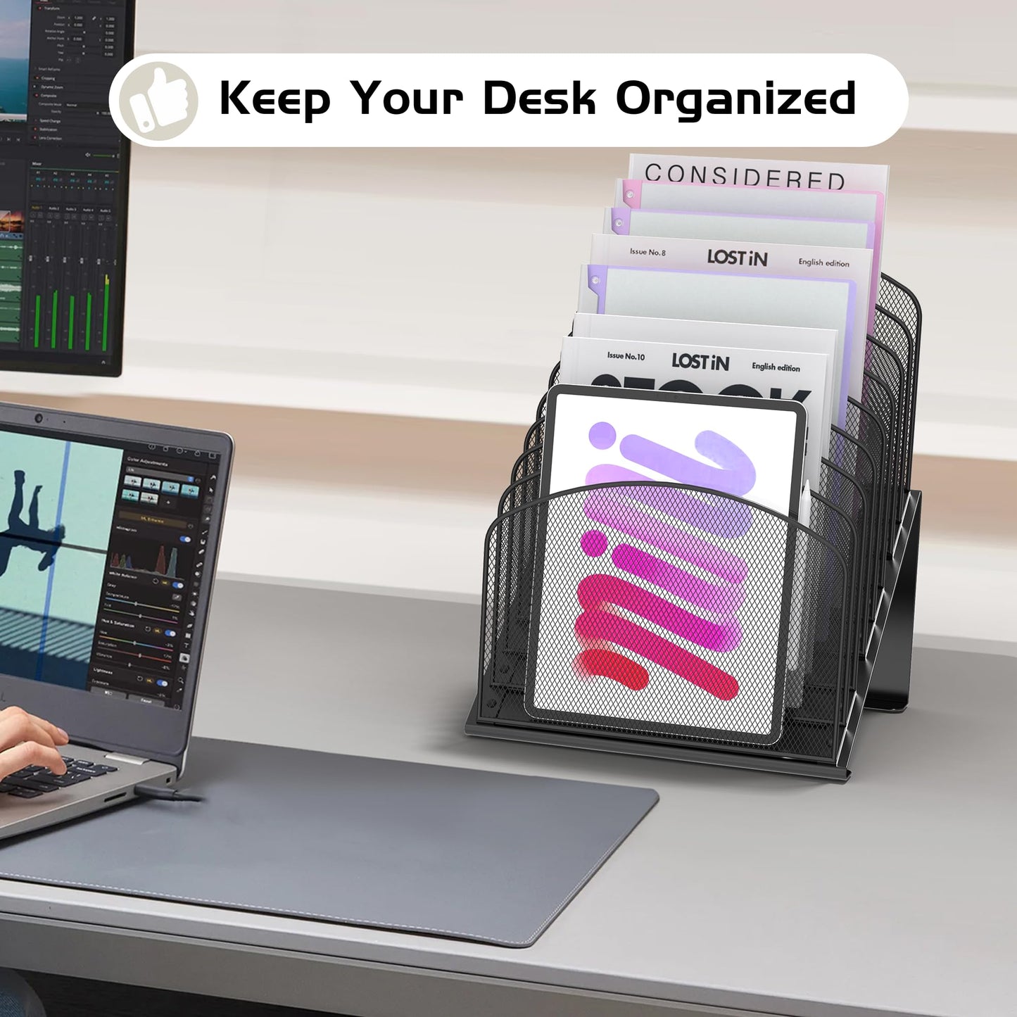 Inclined Desk File Organizer Metal Desk Magazine Folder Holder with 8-Section Vertical Compartments Rack File Organizer for Office, Home, School, Black