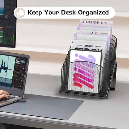 Inclined Desk File Organizer Metal Desk Magazine Folder Holder with 8-Section Vertical Compartments Rack File Organizer for Office, Home, School, Black