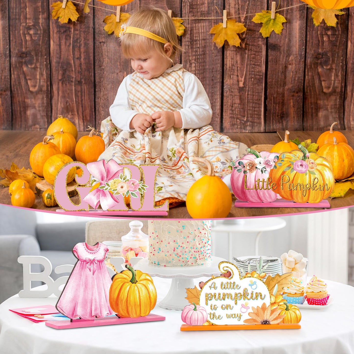 6 Pcs Thanksgiving Fall Little Pumpkin Baby Shower Decoration for Girl Wooden Thanksgiving Baby Shower Table Centerpieces a Little Pumpkin Is on The Way Table Decor Maple Tabletop for Party Supplies